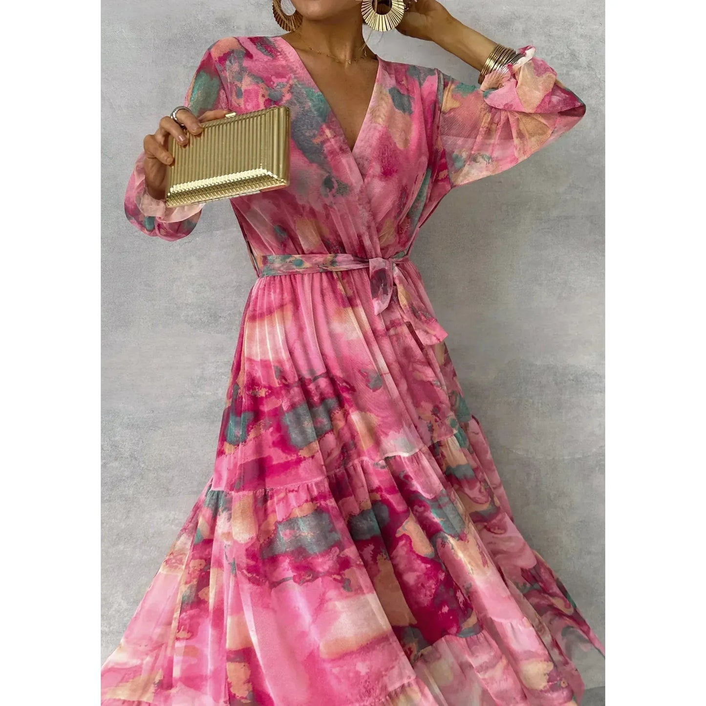 Esme | Damen Blumenprint Langarm Wickel Maxi Kleid