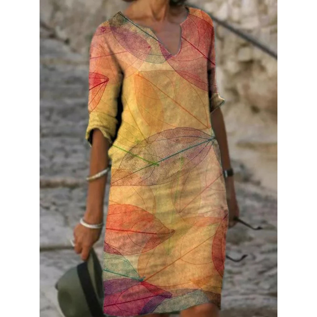 Alana | Damen Leinen Kleid Mit V-Ausschnitt Und Dreiviertelärmeln