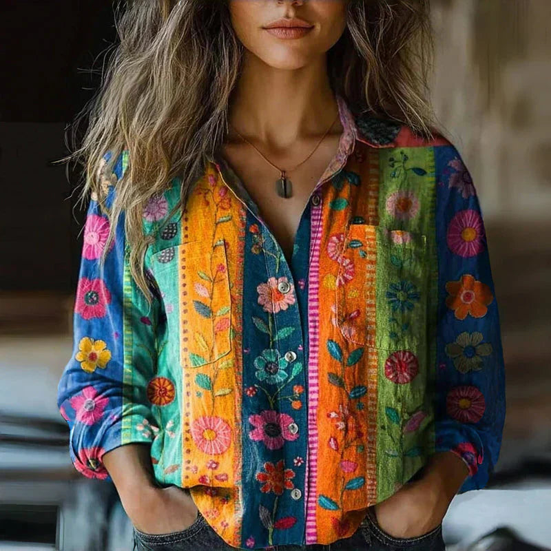 Anya | Damen Ethno Print Bluse Mit Kerbkragen