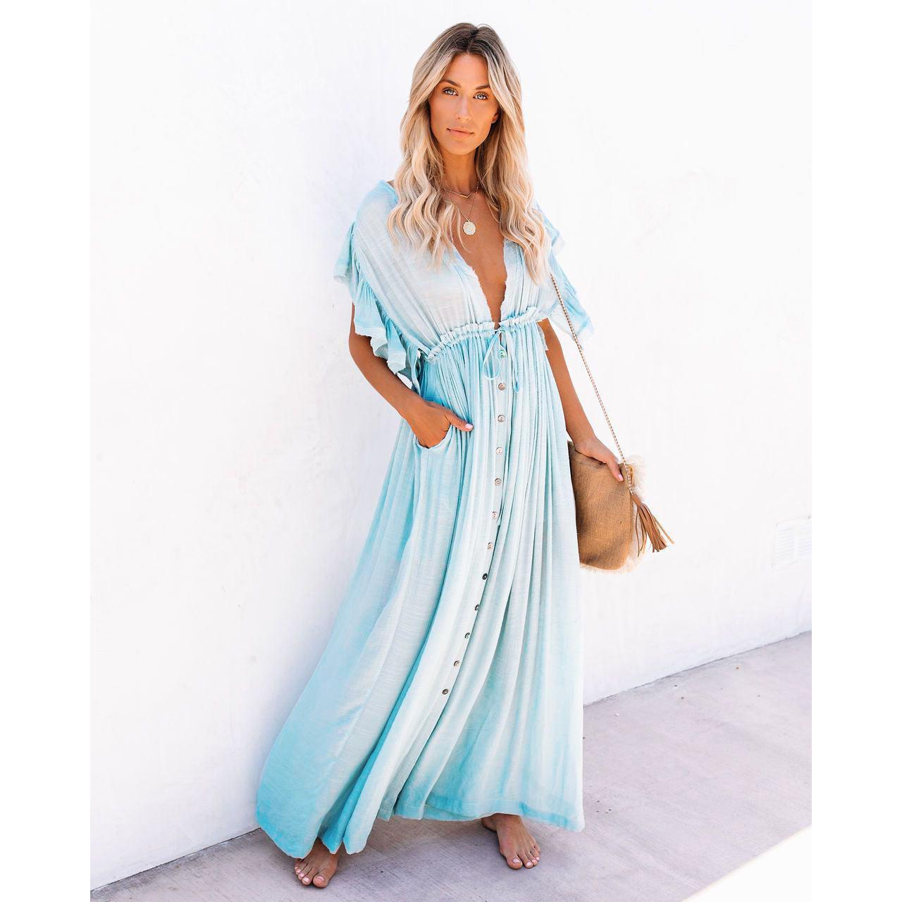 Blaine | Damen Langes V-Ausschnitt Kleid Mit Kurzarm