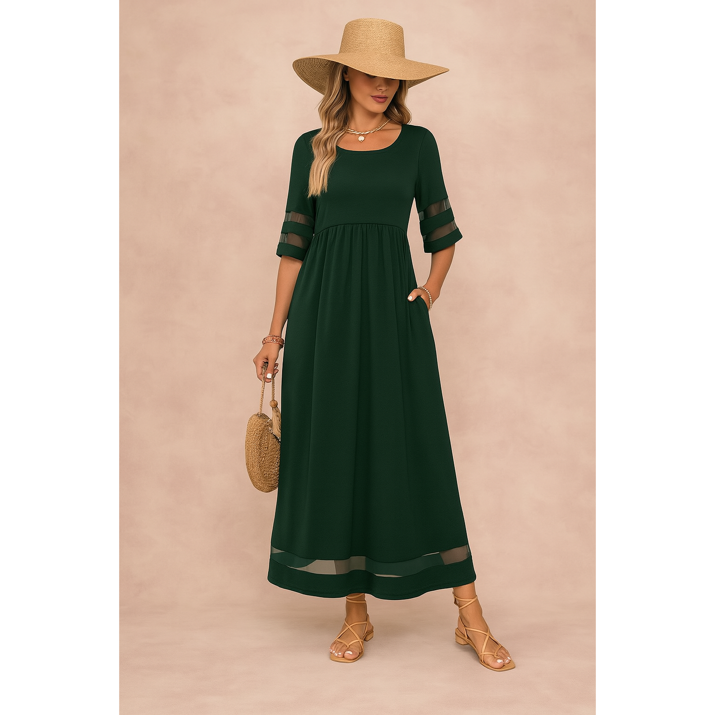 Brianna | Damen Kurzarm Maxikleid Mit Transparentem Einsatz