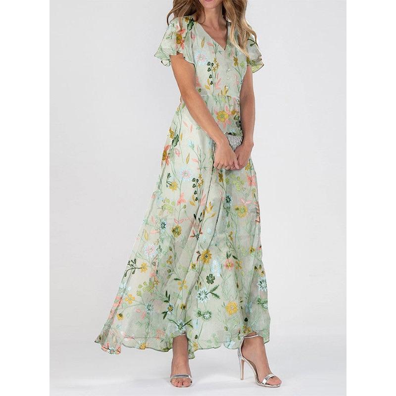 Ariella | Damen Langes Floral Print Kleid Mit Kurzarm