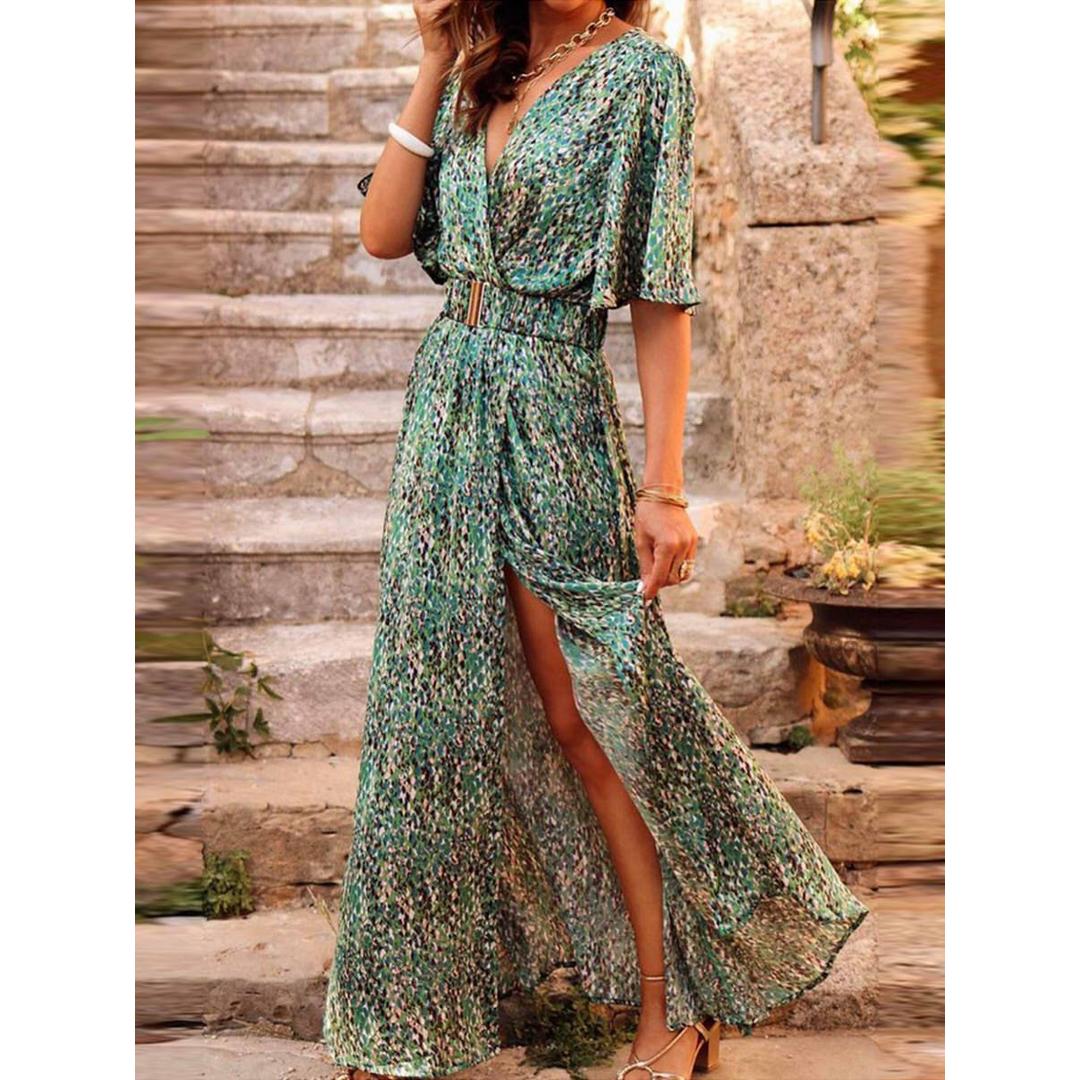 Serena | Bedrucktes Maxi Kleid Mit V-Ausschnitt Und Seitenschlitz