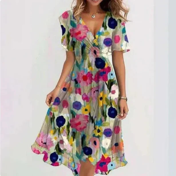 Francesca | Damen Midikleid Mit V-Ausschnitt Und Kurzarm