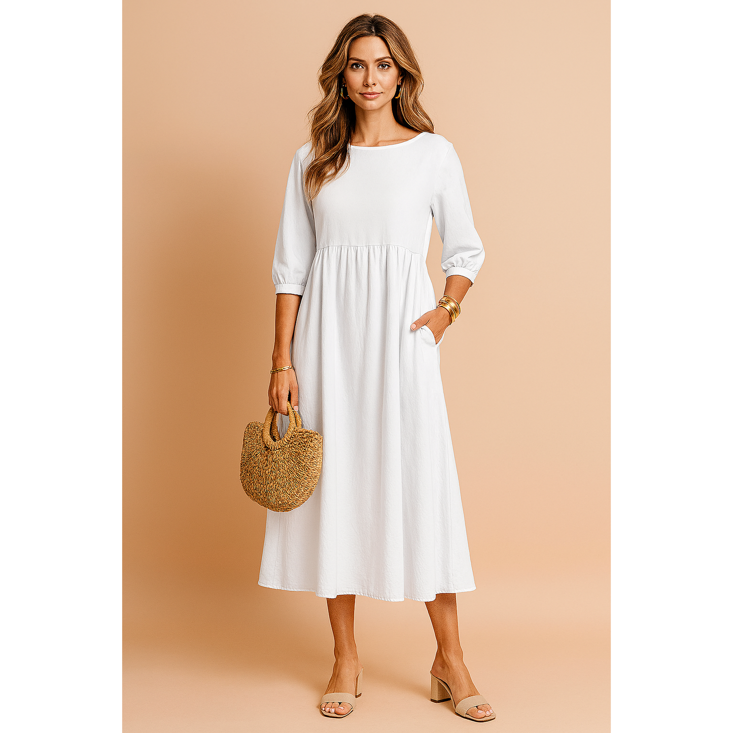Marina | Damen Midikleid Mit Dreiviertelärmeln Und Seitentaschen