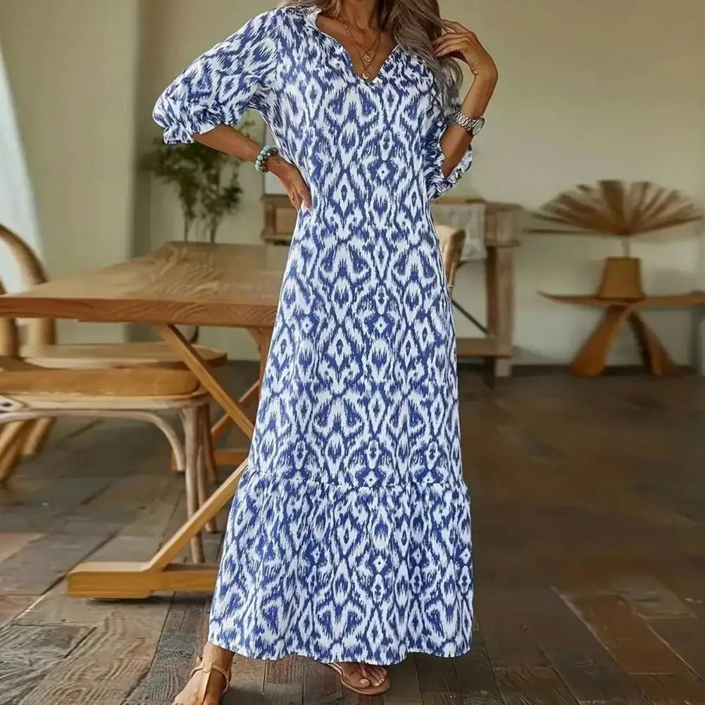 Zara | Damen Langes Kleid Mit V-Ausschnitt Und Geometrischem Print
