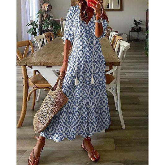 Alessandra | Damen Langes Bedrucktes Kleid Mit V-Ausschnitt