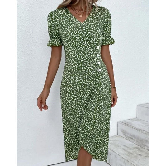 Hazel | Blumenprint Wickel Midi Kleid Mit V-Ausschnitt Und Knopfdetails