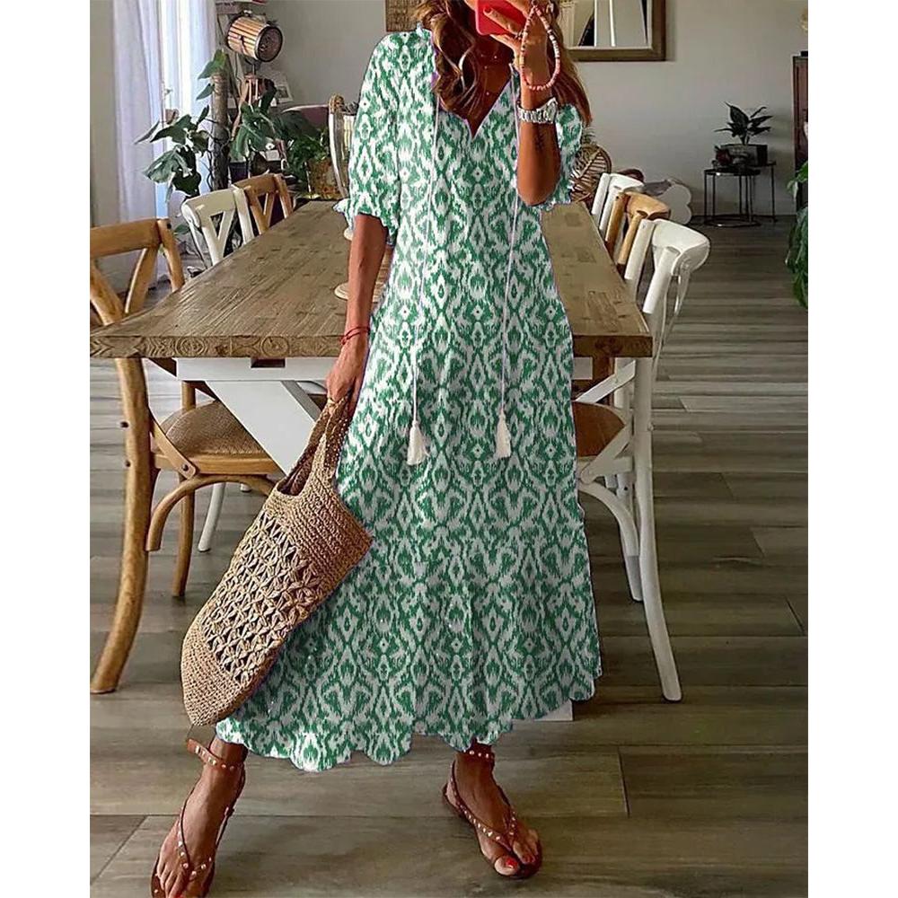 Alessandra | Damen Langes Bedrucktes Kleid Mit V-Ausschnitt