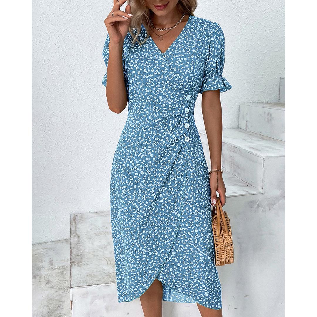 Hazel | Blumenprint Wickel Midi Kleid Mit V-Ausschnitt Und Knopfdetails