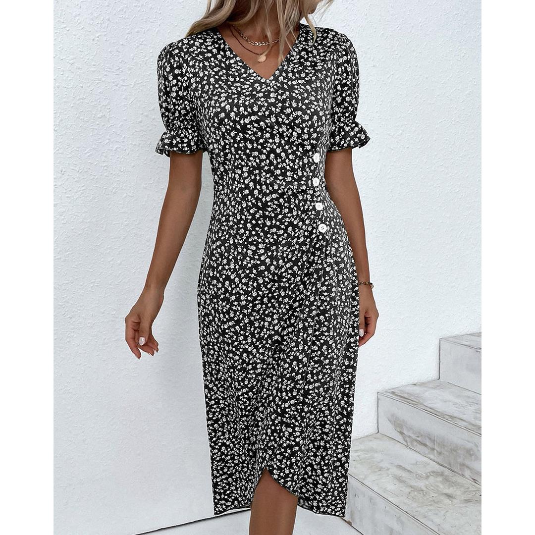 Hazel | Blumenprint Wickel Midi Kleid Mit V-Ausschnitt Und Knopfdetails