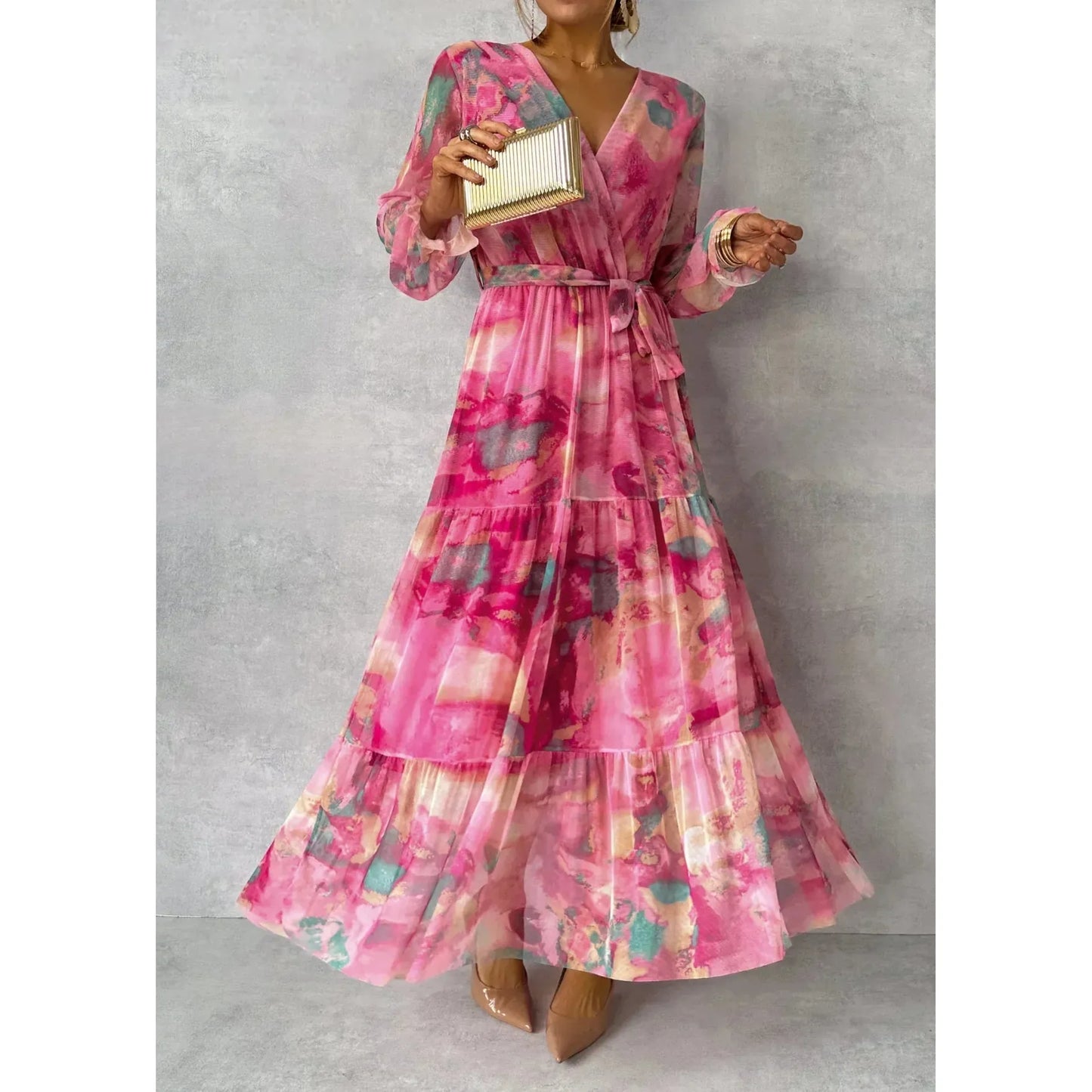 Esme | Damen Blumenprint Langarm Wickel Maxi Kleid