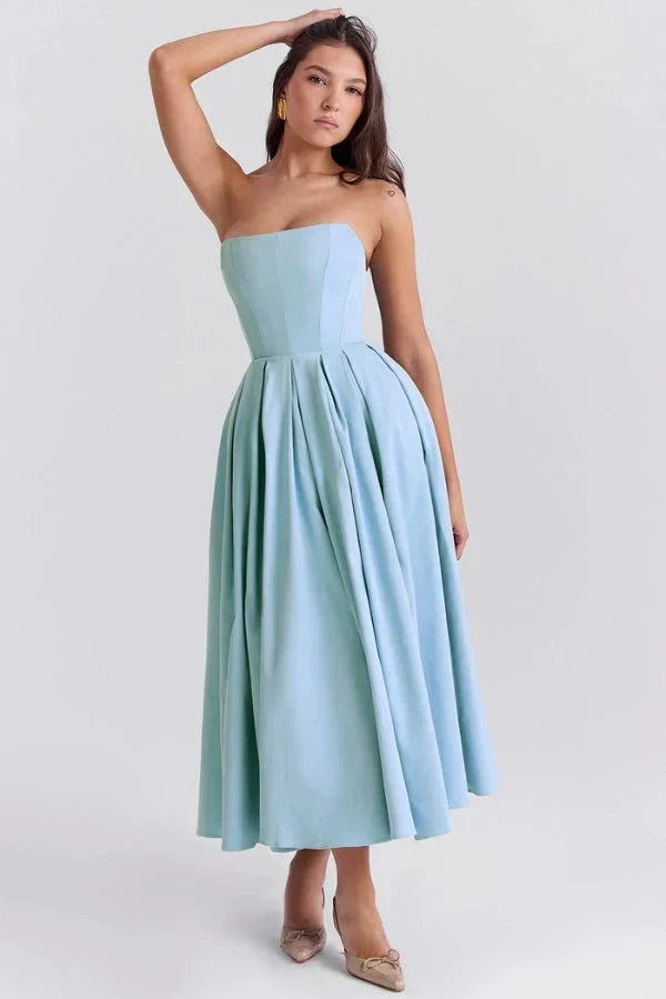 Sophie | Damen Trägerloses Plissee Midikleid