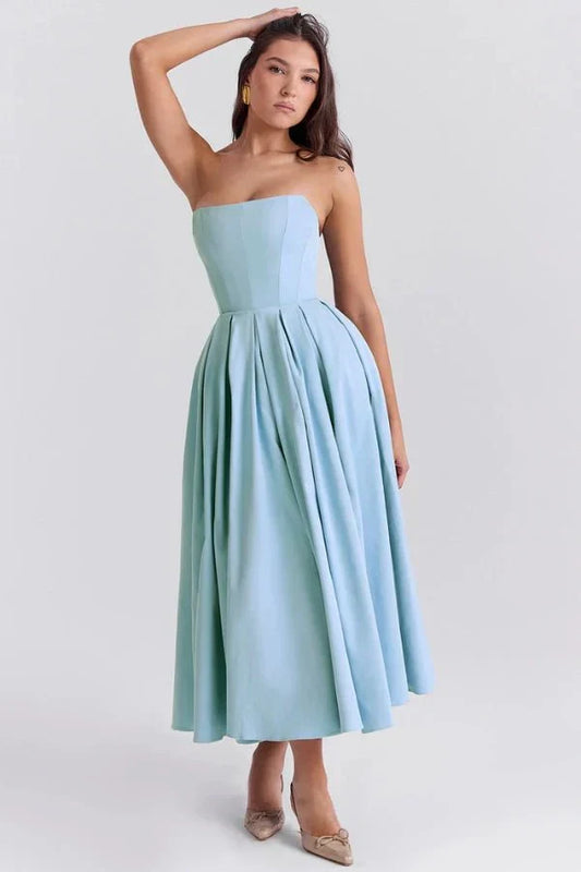 Sophie | Damen Trägerloses Plissee Midikleid