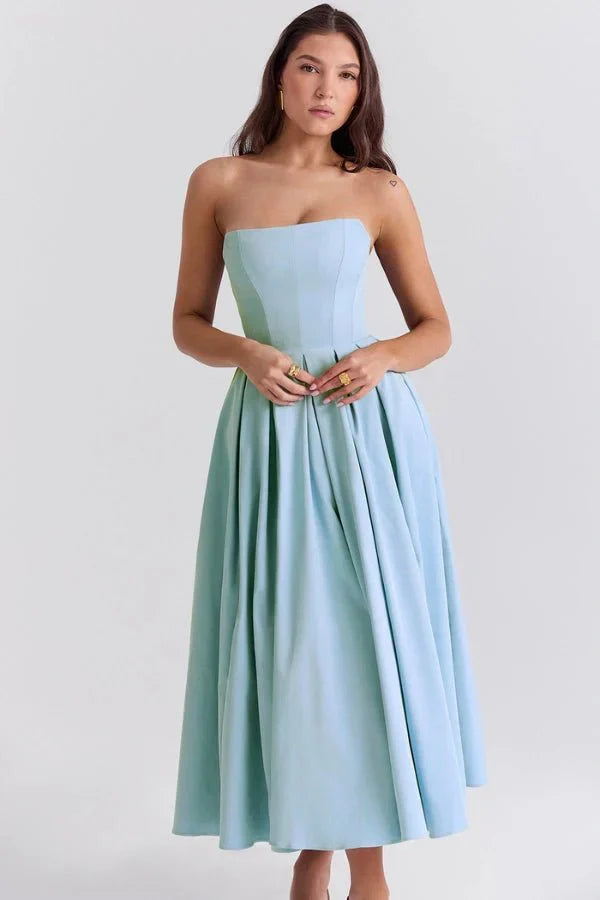 Sophie | Damen Trägerloses Plissee Midikleid