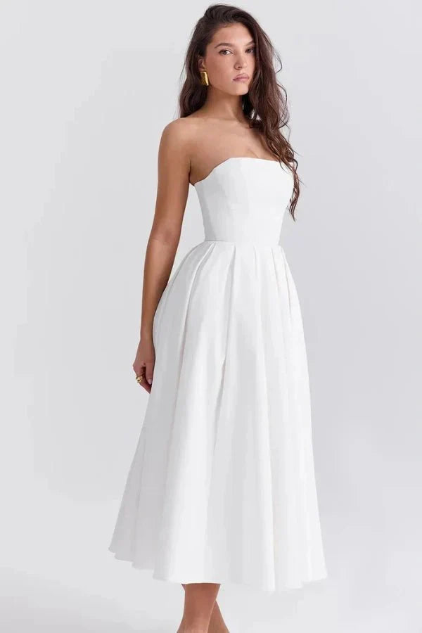 Sophie | Damen Trägerloses Plissee Midikleid