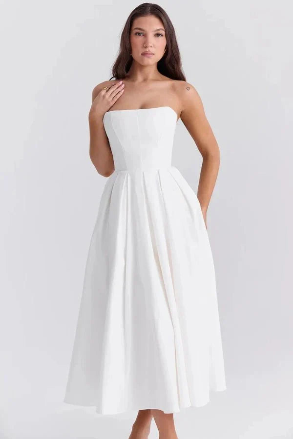 Sophie | Damen Trägerloses Plissee Midikleid