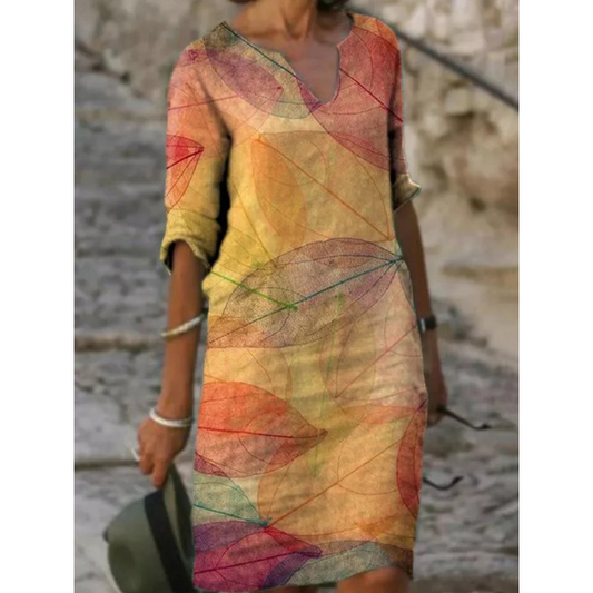 Alana | Damen Leinen Kleid Mit V-Ausschnitt Und Dreiviertelärmeln