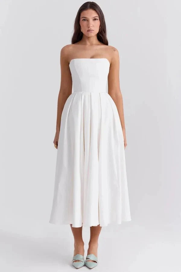 Sophie | Damen Trägerloses Plissee Midikleid