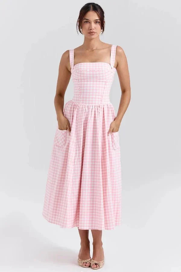 Mila | Damen Midikleid Mit Karomuster, Trägern Und Fronttaschen