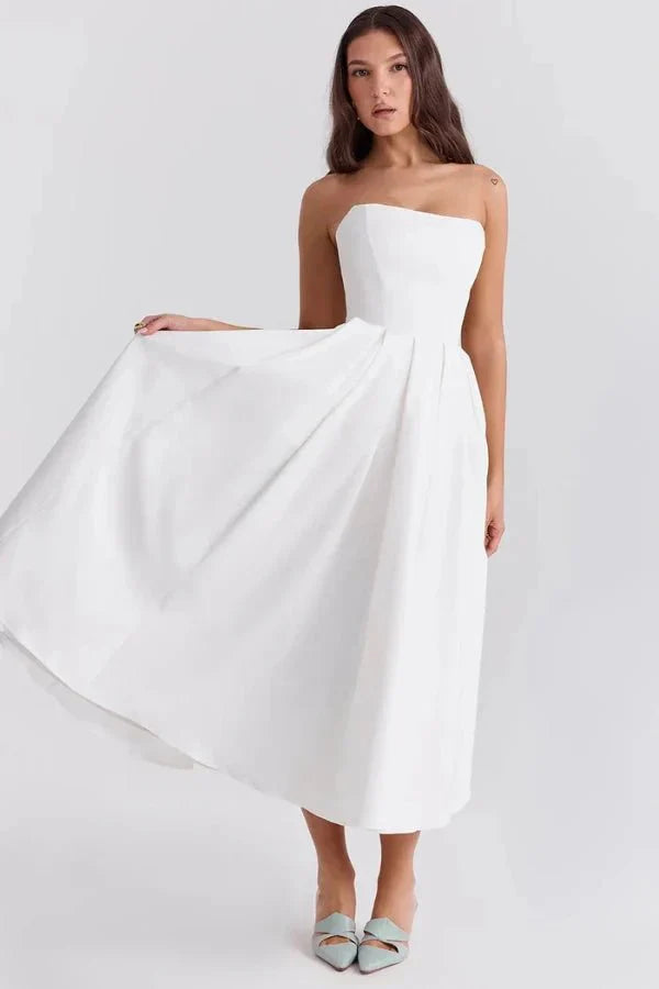 Sophie | Damen Trägerloses Plissee Midikleid