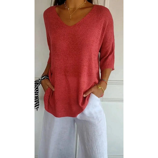 Lucille | Damen Stricktop Mit V-Ausschnitt Und Dreiviertelärmeln