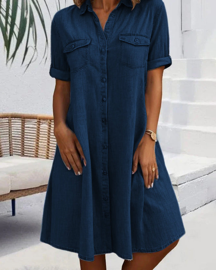 Sveta Kurzärmeliges Denim-Kleid mit Knopfleiste