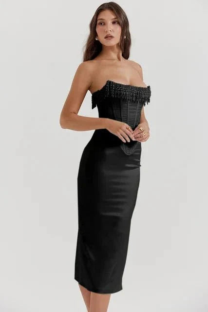 Savannah | Damen Trägerloses Korsett Midikleid Mit Fransenbesatz