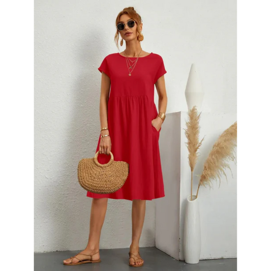 Tessa | Damen Kurzarm Midi Kleid Mit Rundhalsausschnitt