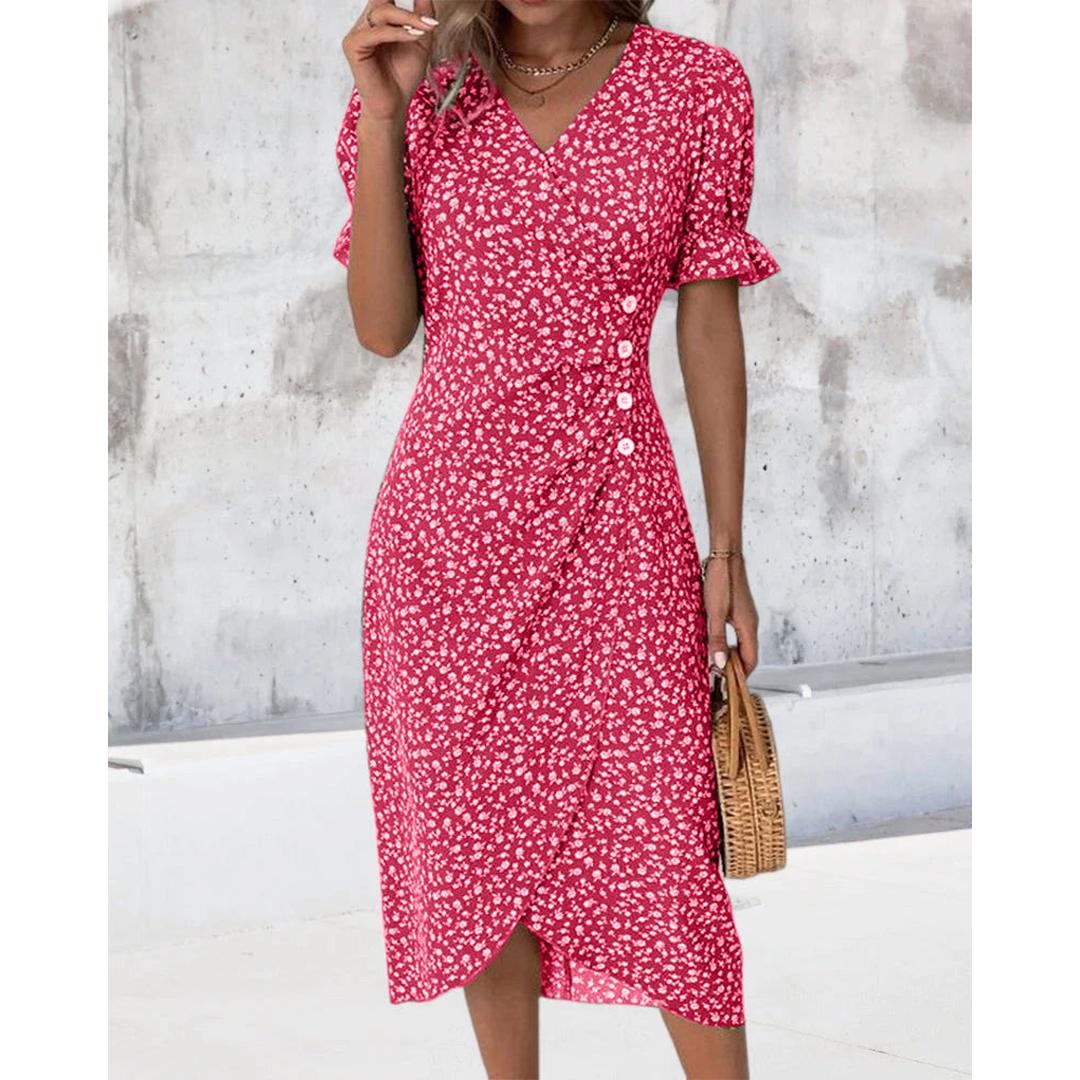 Hazel | Blumenprint Wickel Midi Kleid Mit V-Ausschnitt Und Knopfdetails