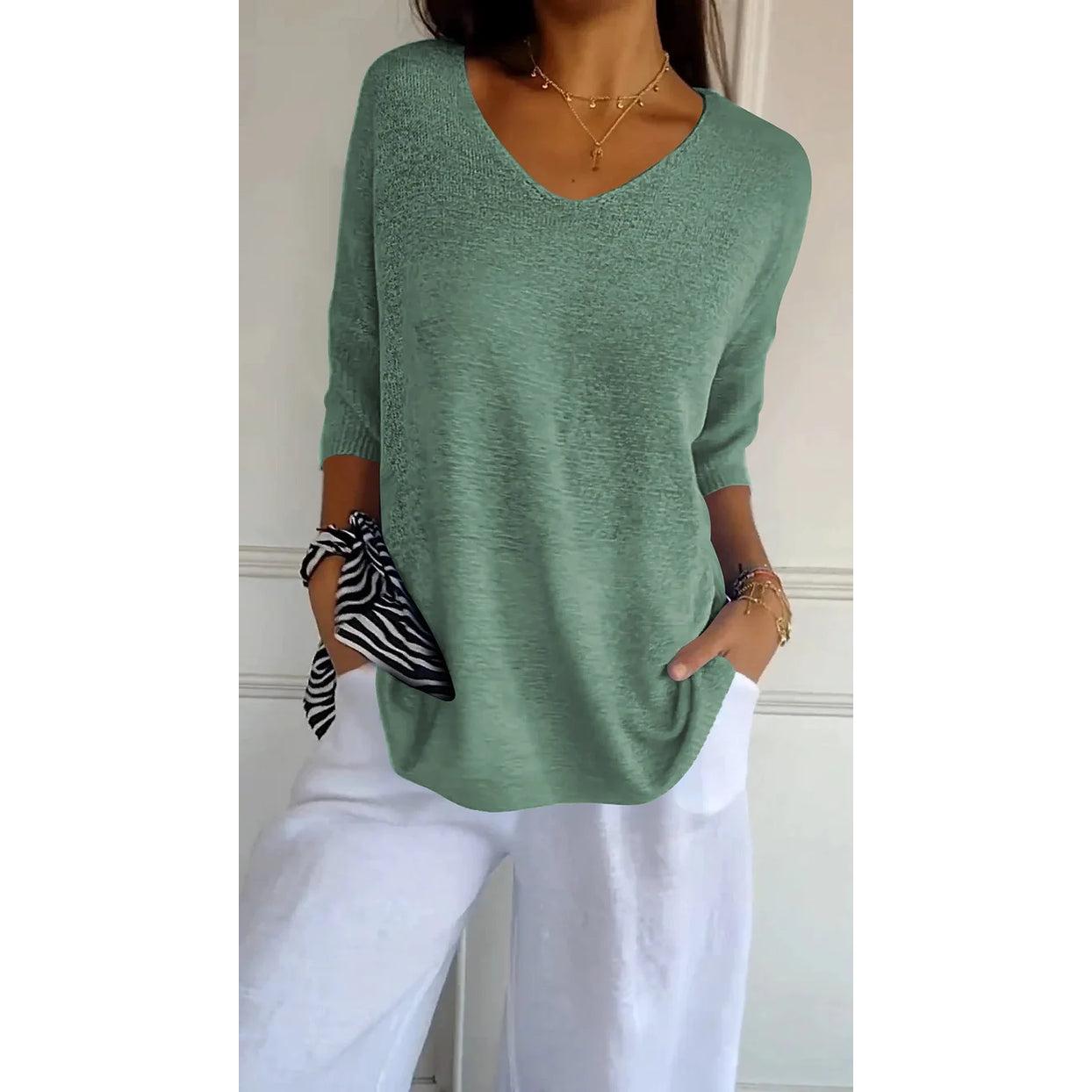 Lucille | Damen Stricktop Mit V-Ausschnitt Und Dreiviertelärmeln