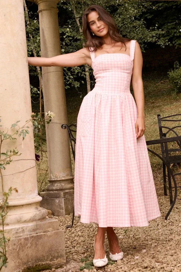 Mila | Damen Midikleid Mit Karomuster, Trägern Und Fronttaschen