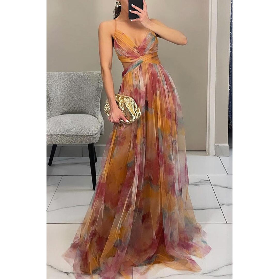 Isabelle | Blumenprint Maxi Kleid Mit V-Ausschnitt Und Spaghettiträgern