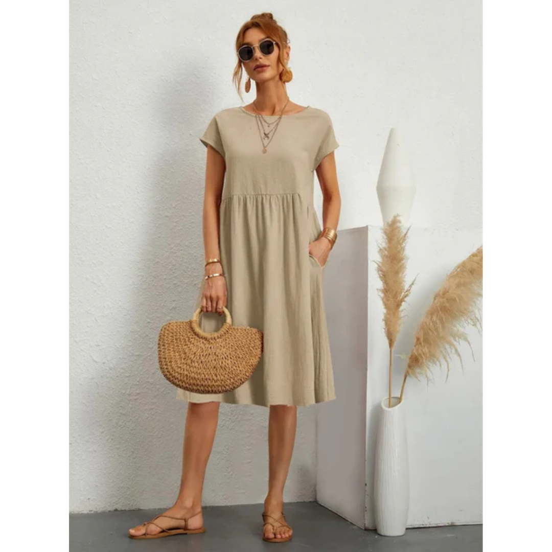 Tessa | Damen Kurzarm Midi Kleid Mit Rundhalsausschnitt