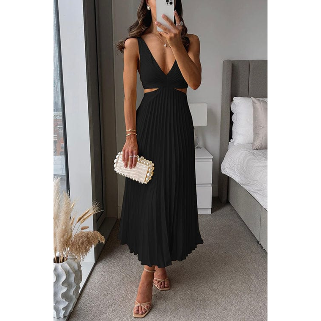 Rosalie | Damen Ärmelloses Plissee Midi Kleid Mit V-Ausschnitt