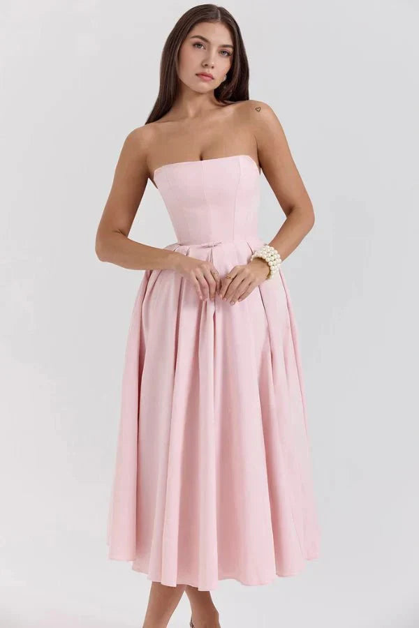 Sophie | Damen Trägerloses Plissee Midikleid