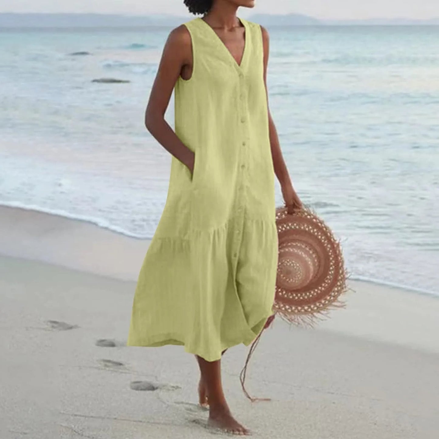 Mckenna | Damen Ärmelloses V-Ausschnitt Midikleid Mit Knopfleiste