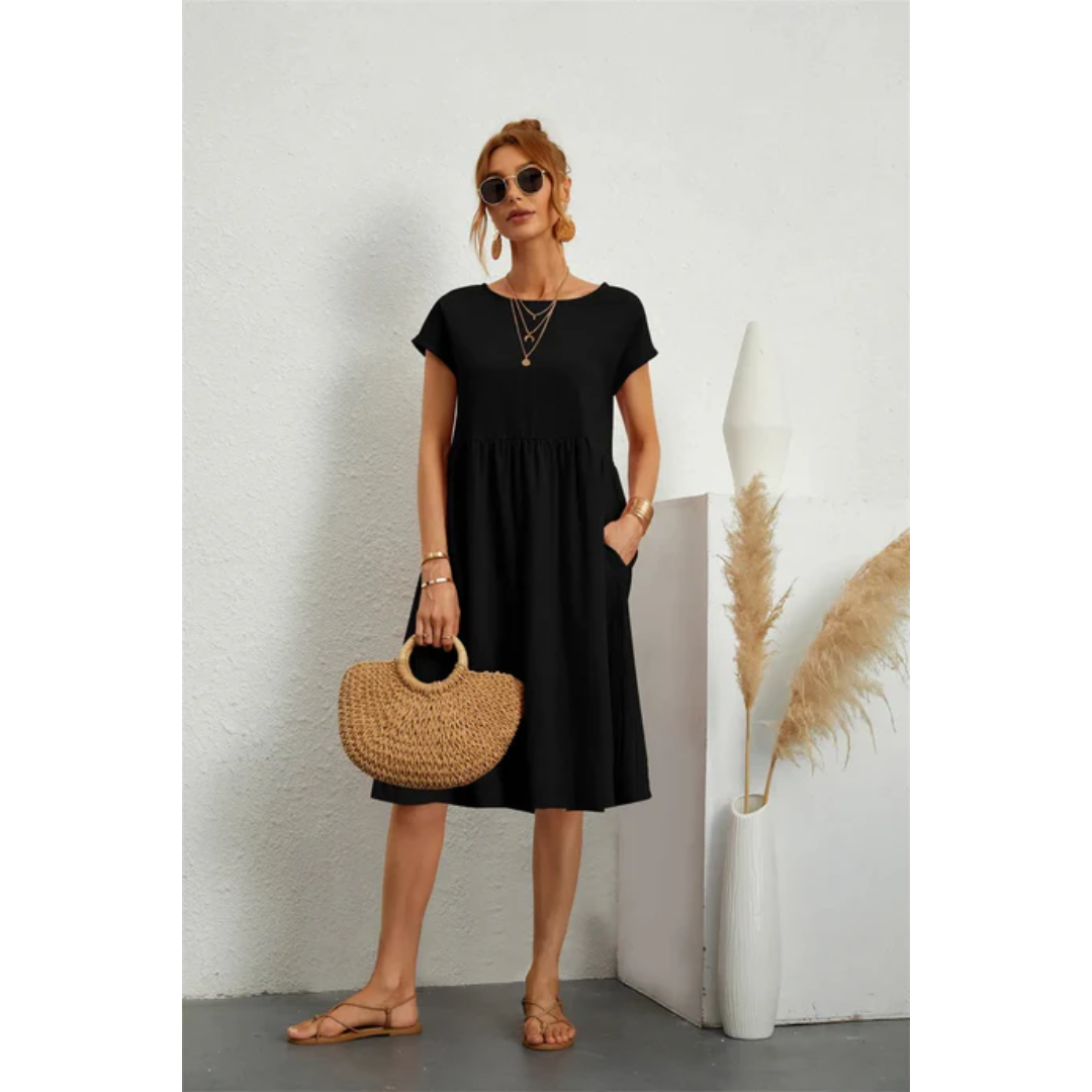 Tessa | Damen Kurzarm Midi Kleid Mit Rundhalsausschnitt