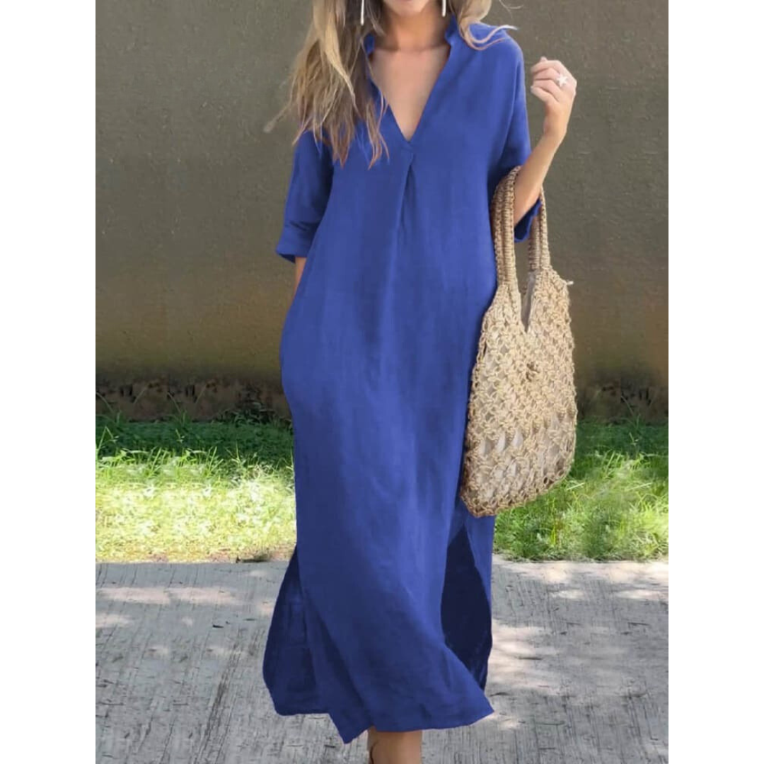 Elise | Damen Midikleid Mit V-Ausschnitt Und Halbärmeln