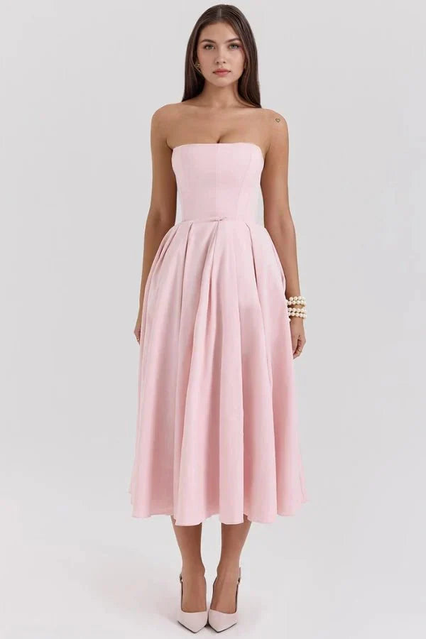 Sophie | Damen Trägerloses Plissee Midikleid