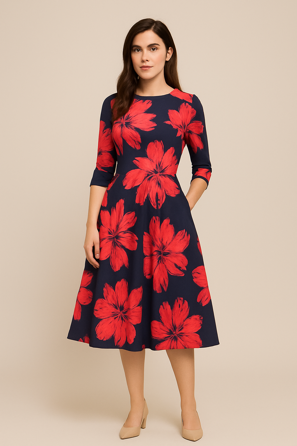 HERBERGER | Damen Florales Sommerkleid mit A-Linie und 3/4-Ärmeln luftig & leicht