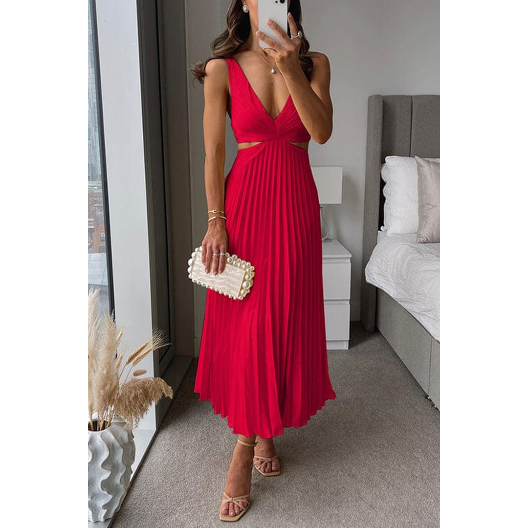 Rosalie | Damen Ärmelloses Plissee Midi Kleid Mit V-Ausschnitt