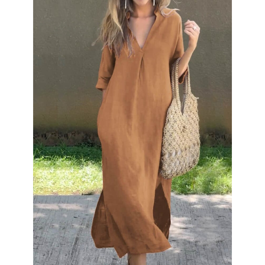 Elise | Damen Midikleid Mit V-Ausschnitt Und Halbärmeln