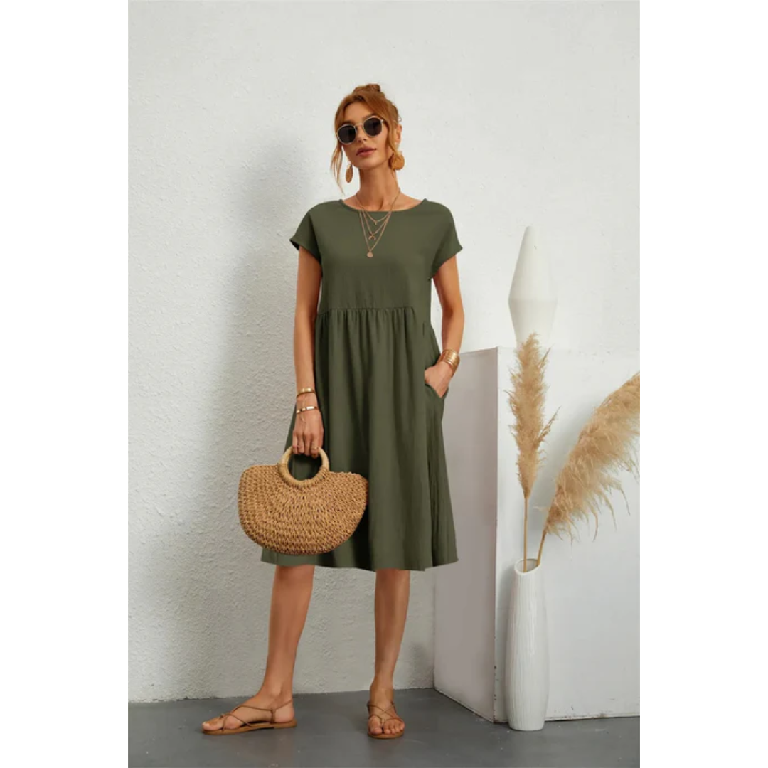 Tessa | Damen Kurzarm Midi Kleid Mit Rundhalsausschnitt