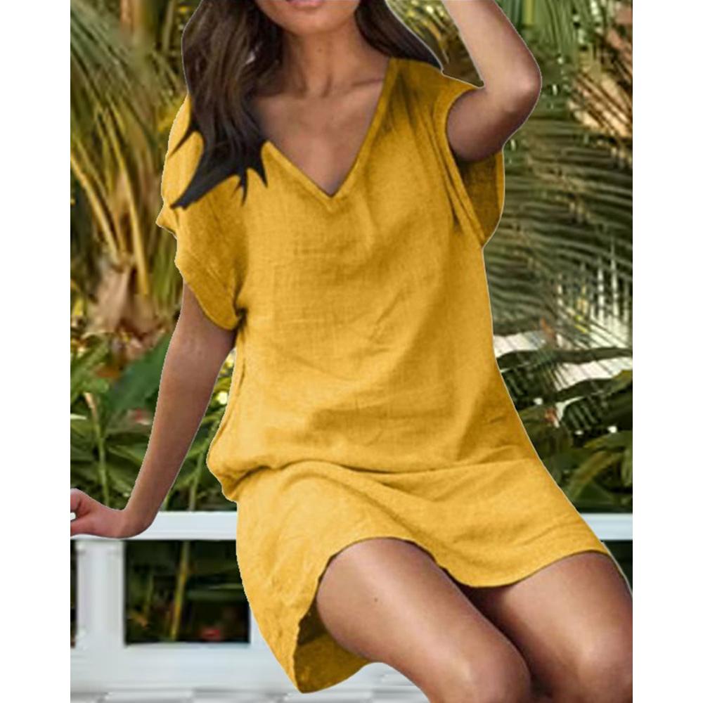 Rosalie | Damen Baumwollmisch Kleid Mit V-Ausschnitt Und Kurzarm