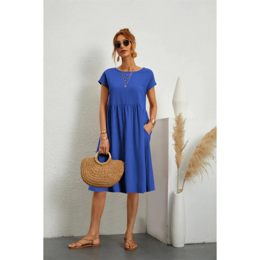 Tessa | Damen Kurzarm Midi Kleid Mit Rundhalsausschnitt
