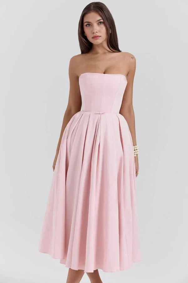 Sophie | Damen Trägerloses Plissee Midikleid