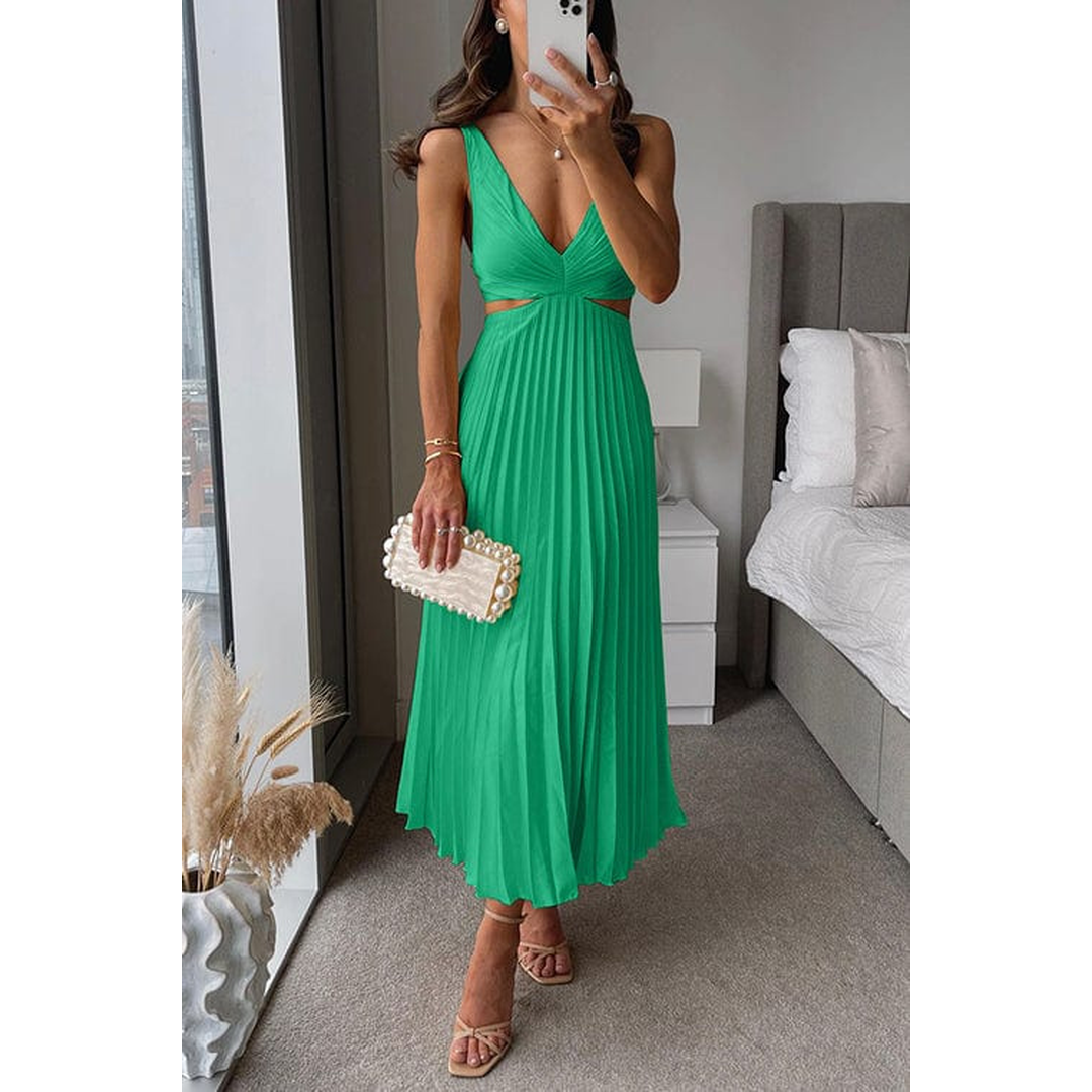 Rosalie | Damen Ärmelloses Plissee Midi Kleid Mit V-Ausschnitt