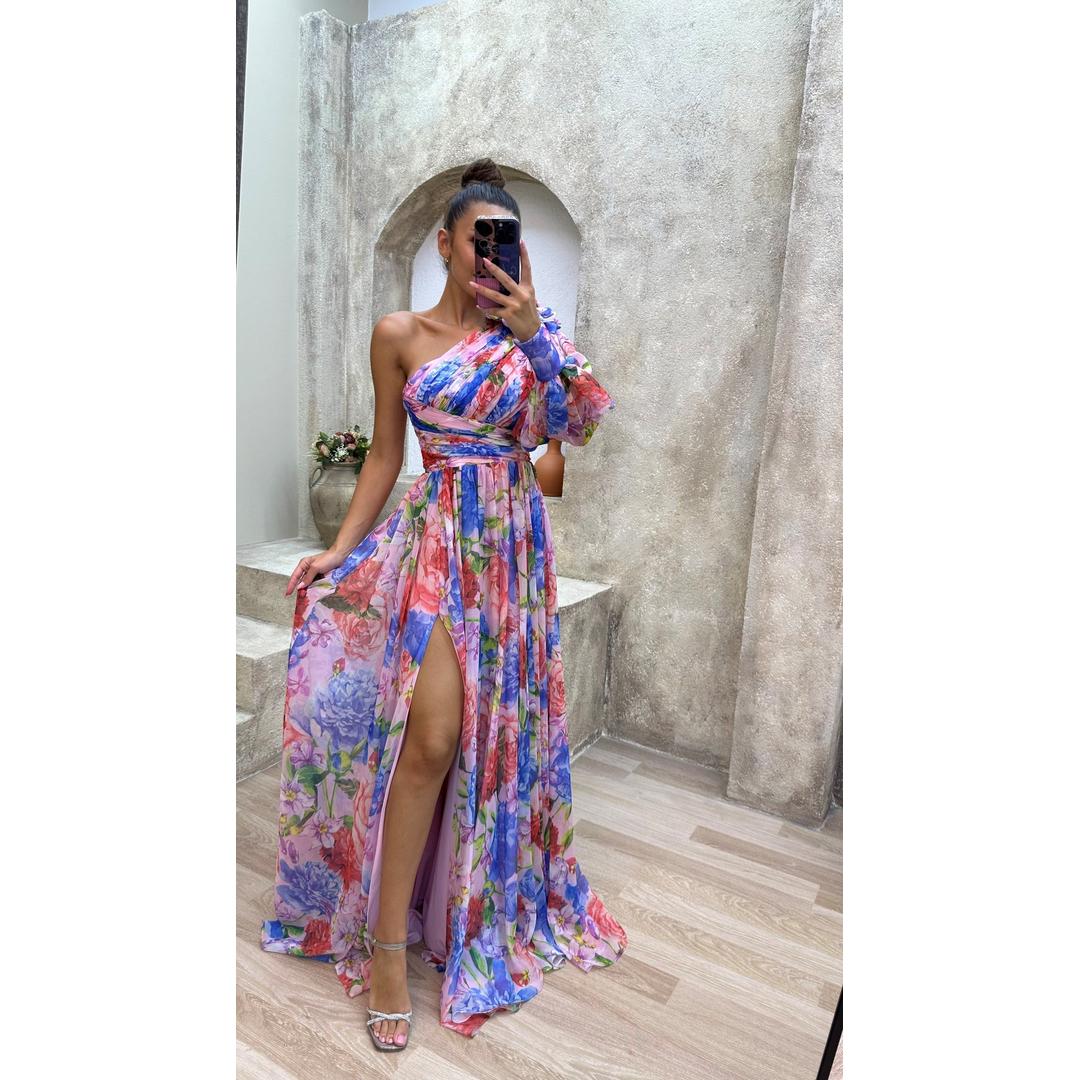 Daphne | Ein-Schulter Blumenprint Maxi Kleid Mit Hohem Schlitz