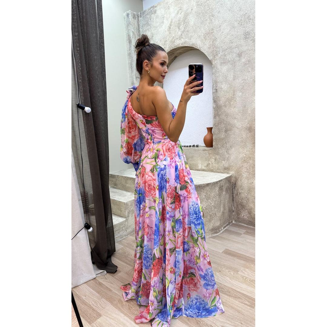 Daphne | Ein-Schulter Blumenprint Maxi Kleid Mit Hohem Schlitz